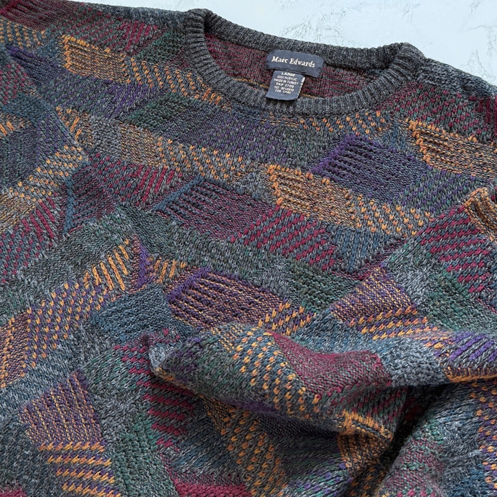Vintage 90s Knit Sweater Men’s Abstract Geometric Pattern Cozy Grandpa Style